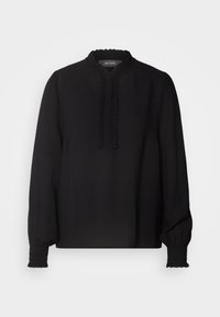 Blusa nera in tessuto leggero, con colletto arricciato, patta con bottoni e polsini smock con texture a righe verticali.