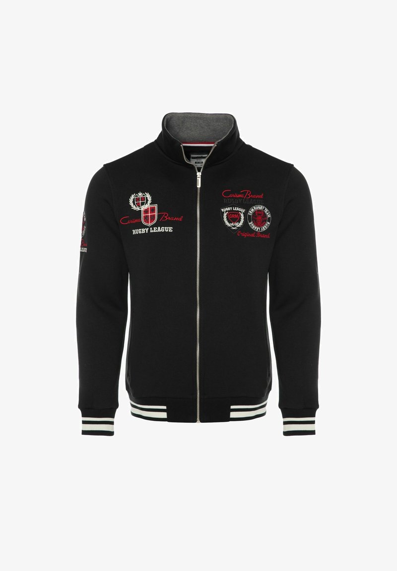 Veste de rugby noire à fermeture éclair intégrale avec logos brodés rouges et blancs sur la poitrine et la manche, poignets rayés et col montant.