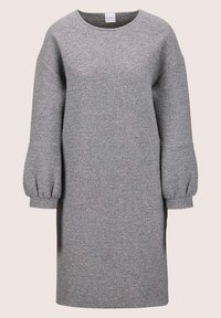 Graues Strickkleid mit lässigem Schnitt, runder Halslinie und Ballonärmeln. Verfügt über einen strukturierten Stoff und endet auf Wade-Höhe.