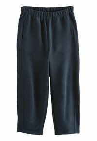 Crne jogging hlače od mekanog materijala, s elastičnom pasicom, dva bočna džepa i opuštenim suženim krojem.