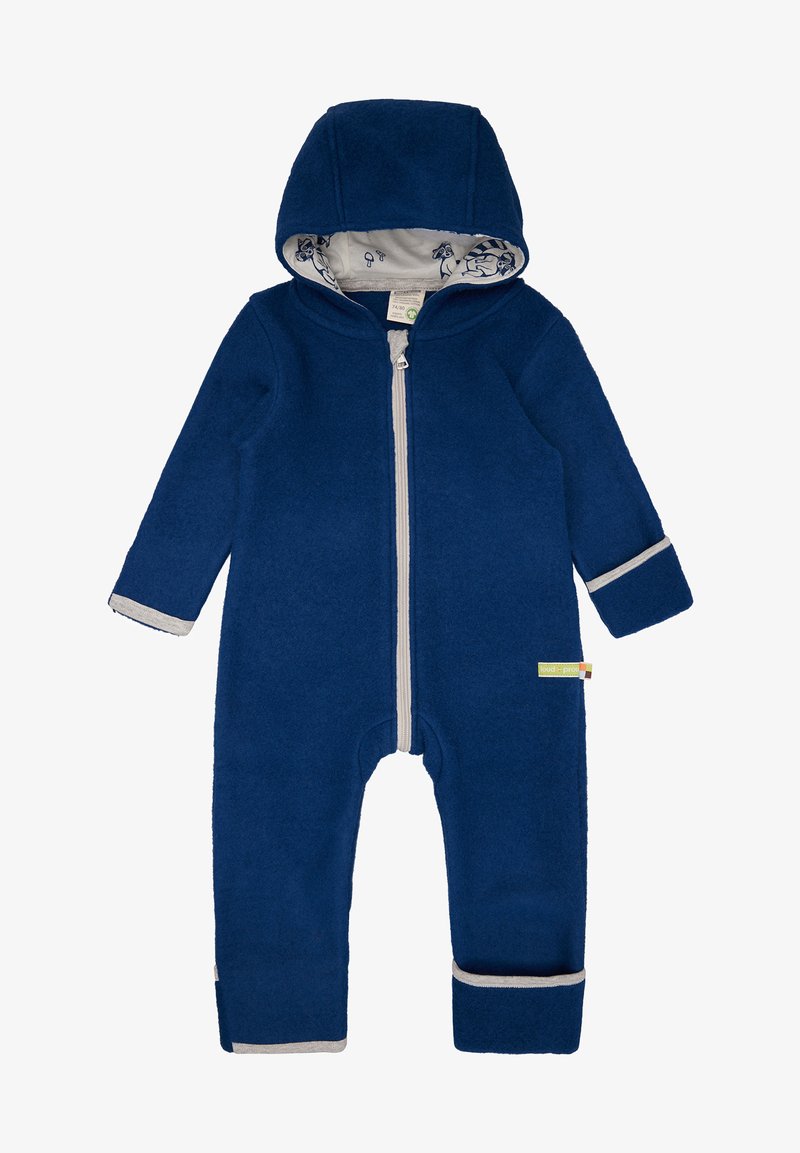 Marineblauwe fleece overall met een voorrits, een capuchon en grijze voering. Heeft grijze manchetten en een klein label op het been.