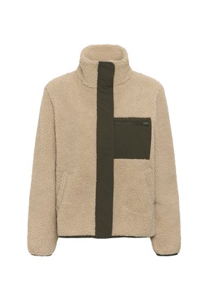 Veste en polaire beige avec patte de fermeture éclair vert olive et poche poitrine zippée, col haut et manches longues.