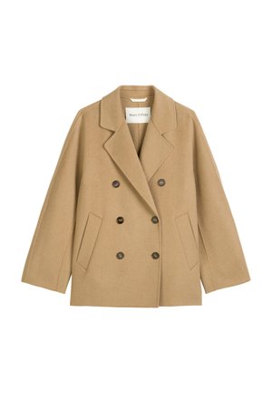 Manteau camel croisé en mélange de laine, avec de grands boutons foncés, un col à revers et des poches latérales. Design ample avec des manches droites.