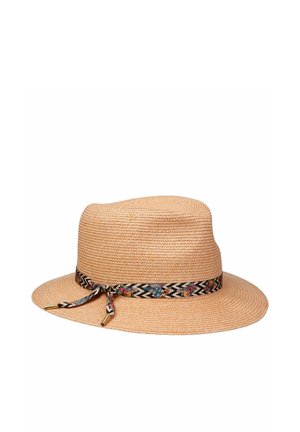 Wide-brimmed straw hat with a multicolored zigzag-patterned band tied in a knot, displayed on a plain white background.