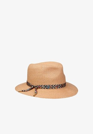 Wide-brimmed straw hat with a multicolored zigzag-patterned band tied in a knot, displayed on a plain white background.