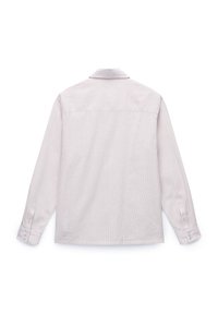 Light-colored long-sleeve shirt with thin vertical stripes, a classic collar, button cuffs, and a straight cut at the hem.