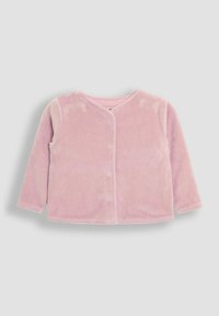 Giacca rosa a maniche lunghe realizzata in morbido tessuto peluche, con scollatura rotonda e chiusura con bottoni a pressione sul davanti.