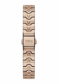 Hodinky Furla majú kovový remienok v ružovom zlate s zakriveným dizajnom článkov a sponou. Remienok má lesklý, hladký povrch a gravírované logo.