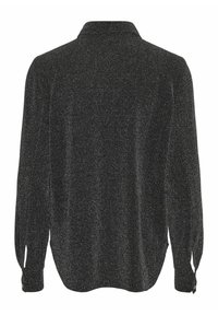 Blusa nera a maniche lunghe con colletto strutturato, realizzata in tessuto testurizzato con sottili fili metallici e polsini con bottoni.
