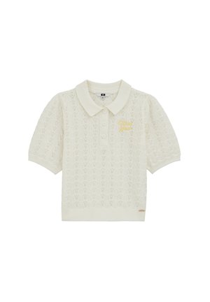 Krem polo majica s kratkimi rokavi iz pletenega materiala z vzorcem teksture, trojním gumbnim zapenjanjem, klasičnim ovratnikom in majhnim rumenim vezenim napisom na prsih.