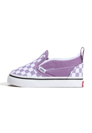 Lilla og hvide Vans slip-on sneaker med ternet mønster, hvid gummisål og hælstræk, vist på en hvid baggrund.