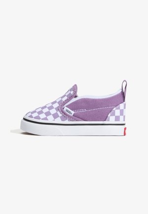 Sneaker slip-on Vans a scacchi viola e bianco con suola in gomma bianca e linguetta sul tallone, mostrata su sfondo bianco.