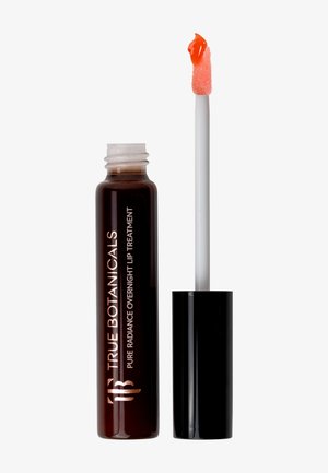 Lip treatment in a dark brown tube with silver text. Accessories include a white applicator with a soft, peach-colored tip coated in orange product.