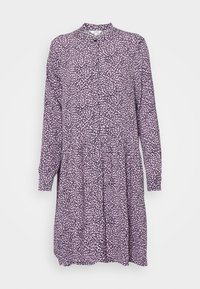 Langärmliges Kleid in lila mit einem floralen Muster. Verfügt über einen kragenbesetzten Ausschnitt und eine Knopfleiste, mit einem weit ausgestellten Rock. Das Material wirkt leicht.