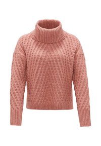 Rosa gestrickter Pullover mit hohem Rippkragen, der ein strukturiertes Rautenmuster, lange Ärmel und eine verkürzte Länge aufweist.