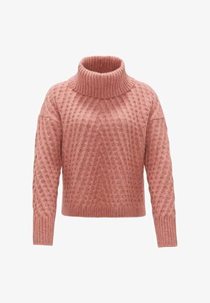 Pull en tricot rose avec un col côtelé haut, présentant un motif texturé en diamant, des manches longues et une coupe courte.