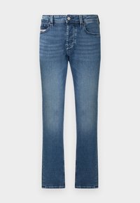 Μπλε τζιν παντελόνι από ντένιμ με ίσια γραμμή, σχεδιασμό με πέντε τσέπες και ξεθωριασμένο φινίρισμα. Διαθέτει ζώνη με θηλιές και μεταλλικό κουμπί κλεισίματος.