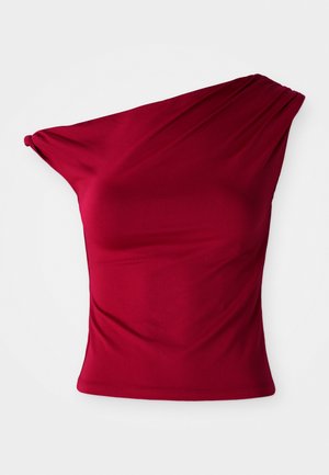 Haut bordeaux à une épaule en tissu extensible, avec des détails drapés et une silhouette ajustée, dotée d'un ourlet lisse et sans couture.