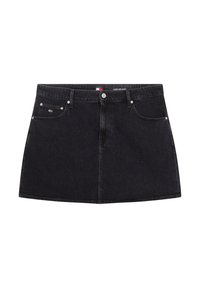 Jupe en denim noir avec une coupe droite, taille mi-haute, fermeture à boutons sur le devant et design à cinq poches. Présente des coutures discrètes et un logo.