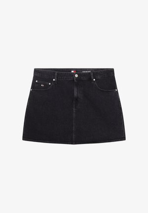 Black denim skirt with a straight cut, mid-rise waist, front button closure, and five-pocket design. Features subtle stitching and logo detail.