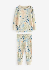 Katoenen pyjamastel met een crèmekleurige achtergrond en kleurrijke prints van cartoonfiguren in blauw, groen en oranje. Lange mouwen en elastische manchetten.