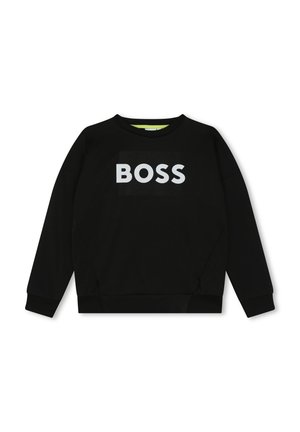 Sudadera negra de algodón, con un logo gris "BOSS" en el frente, cuello redondo y puños acanalados con acabado texturizado.