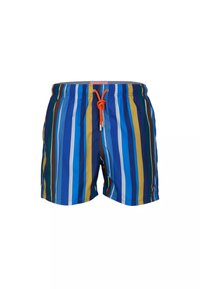 Costumi da bagno da uomo con strisce verticali blu, gialle e marroni, dotati di vita elastica e cordoncino arancione. Materiale leggero.