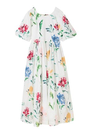 Baumwollkleid mit Blumenmuster und kurzen Puffärmeln, weißer Hintergrund, bunte Rosen und Pfingstrosen in Rosa, Rot, Blau und Gelb, geraffte Taille.