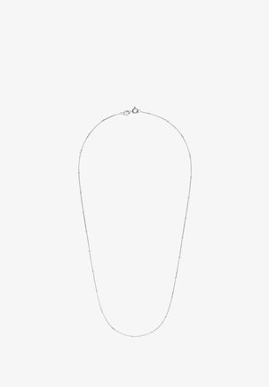 Zilveren ketting met een serie van verlengde schakels met een gestructureerde afwerking en een karabijnsluiting. Uniforme lengte met een subtiele glans.
