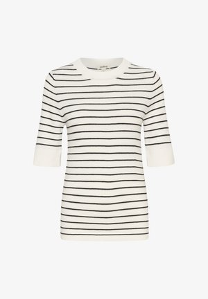 Weißes Stricktop mit horizontalen schwarzen Streifen, kurzen Ärmeln und rundem Halsausschnitt. Glatte Textur mit taillierter Passform.