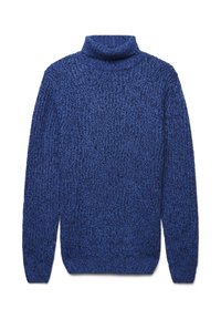 Blauer Strickpullover mit hohem Kragen und langen Ärmeln, der ein strukturiertes Muster aufweist. Weiches, voluminöses Garn verleiht ihm eine extra Dimension.