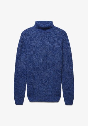 Maglione blu a maglia con colletto alto e maniche lunghe, caratterizzato da un motivo testurizzato su tutta la superficie. Filato morbido e spesso dona movimento.