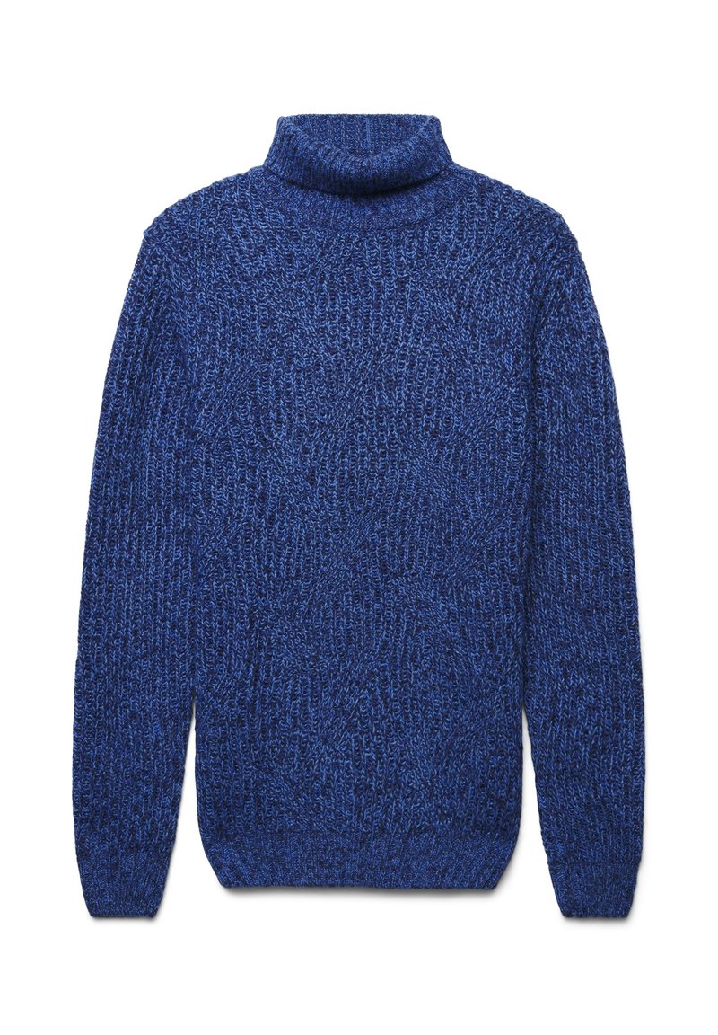 Blauer Strickpullover mit hohem Kragen und langen Ärmeln, der ein strukturiertes Muster aufweist. Weiches, voluminöses Garn verleiht ihm eine extra Dimension.