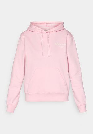 Lys rosa hettegenser laget av mykt stoff, med frontlomme, snor i hetten og logotekst trykket på brystet.