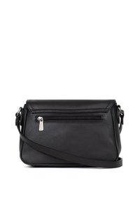 Borsa a tracolla nera in pelle con superficie testurizzata, forma rettangolare, tasca frontale con zip e tracolla regolabile. Accenti in metallo silver.
