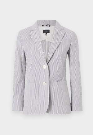 Pruhovaný blejzr v modro-bílé látce, s klopovým límcem, dvěma knoflíky a předními kapsami. Přiléhavý střih s hladkou texturou.