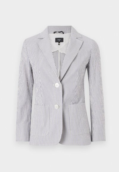 Röstripeeritud bleiser sinises ja valges kangas, millel on sälk-krae, kaks nuppu ja ees rinnataskud. Kohandatud lõige sujuva tekstuuriga.