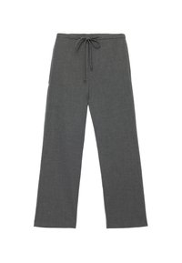 Grå lige ben bukser med snor i taljen, lavet af et struktureret stof, vist fladt på en hvid baggrund.