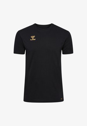 Schwarzes Baumwoll-T-Shirt mit Rundhalsausschnitt, kurzen Ärmeln und einem goldenen "hummel"-Logo auf der linken Brust. Glatte Textur, lässige Passform.