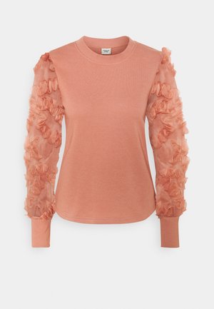 Langärmelig shirt in perzik met een effen voorkant en doorschijnende mesh mouwen, versierd met getextureerde bloemenapplicaties en geribde manchetten.