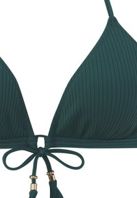 Tirkizni rebrasti bikini gornji dio s podesivim vezivanjem, koji ima dvostruke rese s zlatnim detaljima i trokutasti oblik šalice.
