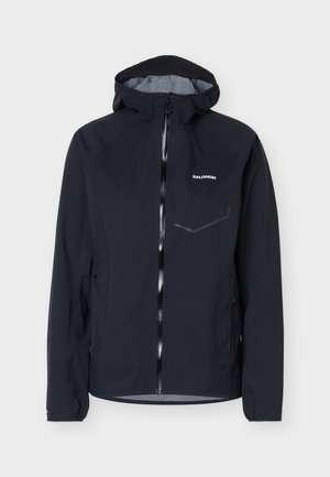 Ανδρικό μαύρο αδιάβροχο μπουφάν με κουκούλα, εμπρόσθιο φερμουάρ, δύο πλαϊνές τσέπες, ελαστικά μανίκια και λογότυπο Salomon στο στήθος.