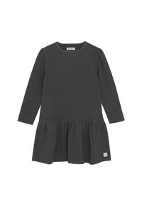 Dunkelgraues, langarmiges Rippkleid mit gerafftem Rockdetail und einem kleinen Logo-Patch nahe dem Saum, geeignet für ein Kind.
