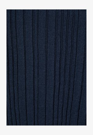 Donkerblauwe gebreide stof met verticale geribde textuur, die gedetailleerde garensteek en patronen toont.