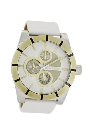 Montre argentée et dorée avec un boîtier rond, un bracelet en cuir blanc, plusieurs sous-cadrans, un cadran blanc texturé et des index horaires noirs.