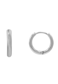 Orecchini a cerchio in argento con una finitura liscia e lucidata; uno ha un design elegante e allungato, mentre l'altro ha una forma circolare con un gancio.