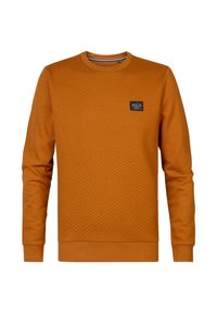 Oranje sweatshirt met een gestructureerd ruitpatroon, ronde hals en lange mouwen. Voorzien van een klein zwart logo-embleem op de voorkant.
