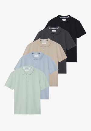 Five polo shirts in varying colors: light mint, light blue, beige, dark gray, and black. Each features a collar and two buttons.