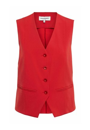 Rode mouwloze vest met een diepe V-hals, vijf knopen, twee voorkeurszakken en een gladde stofstructuur.