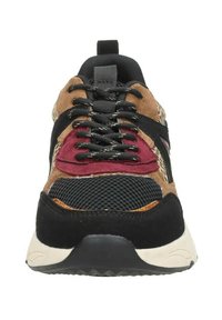 Multicolored sneaker featuring brown suede, black mesh, and a leopard print accent. Includes black laces and a thick white sole.